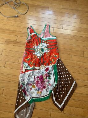 Vibrant Mixed-Print Sleeveless Scarf Hem Dress - Red, Green, Brown Parosh